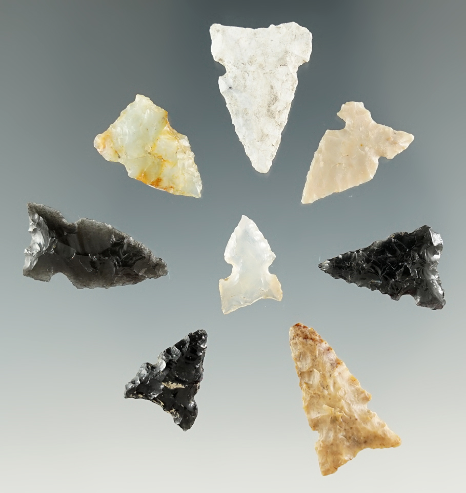 Group of eight arrow points found near Lake River, Oregon. Largest is 13/16".