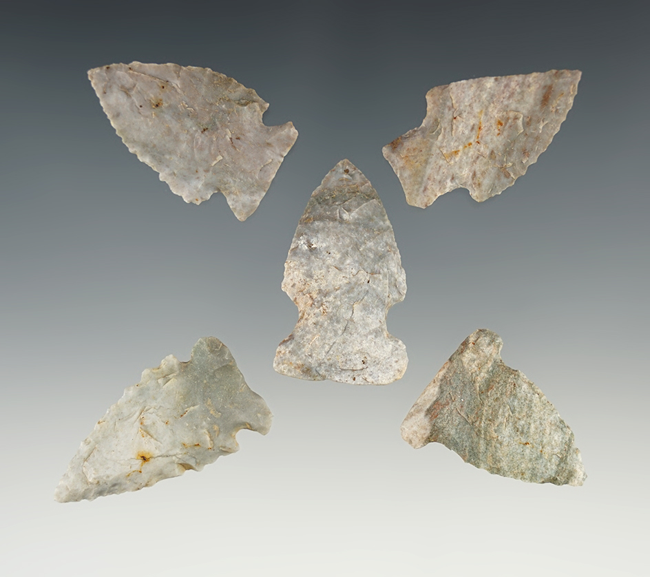 Set of 5 nicely made Indiana points - Attica (Indiana Green). The largest is 1 7/16".