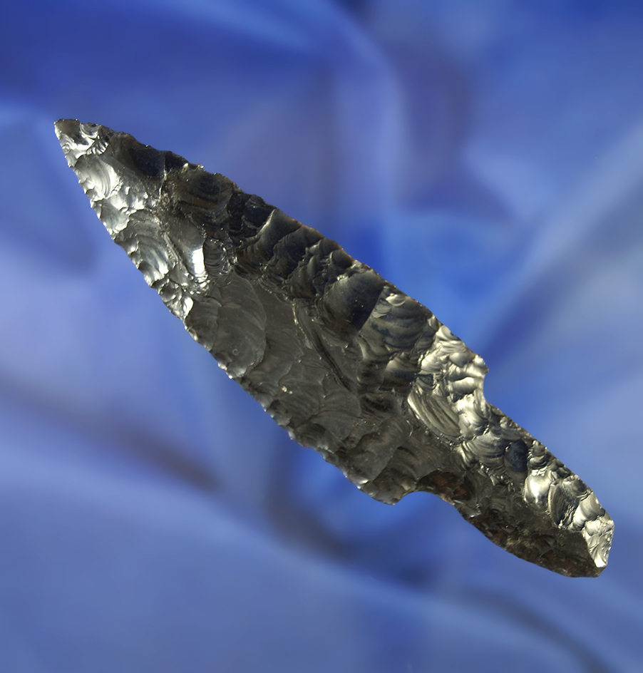 Exceptional! 4 3/16" Paleo Parman type 1 made from black obsidian. Found near Fort Rock Valley,
