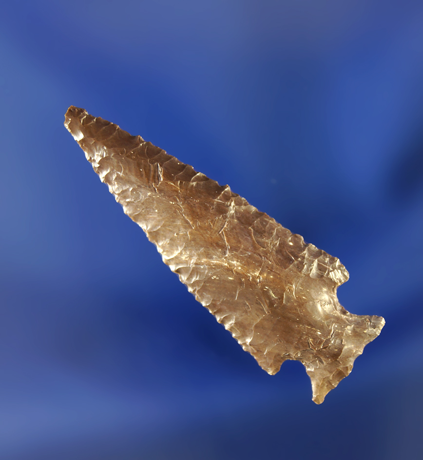 Excellent style on this nicely flaked 1 1/2" Rose  Springs. Found by Dewey Schmid prior to 1955.