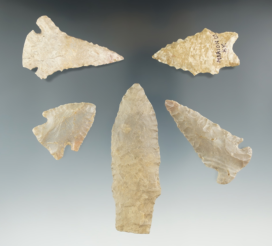 Set of five assorted points ann knives found in Kentucky, largest is 3 1/4". Ex. Henry English