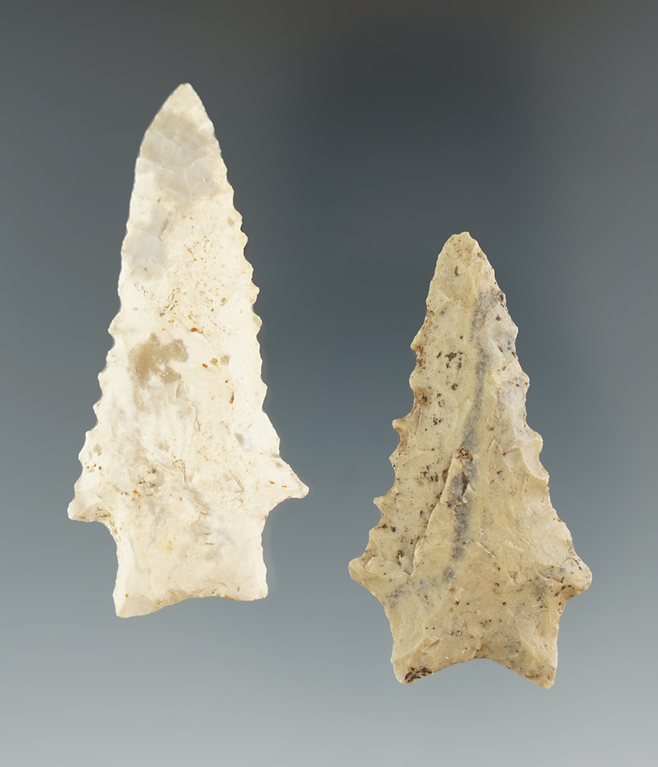 Nice pair of serrated Kirk stemmed points found in Kentucky. Largest is 2 3/8".