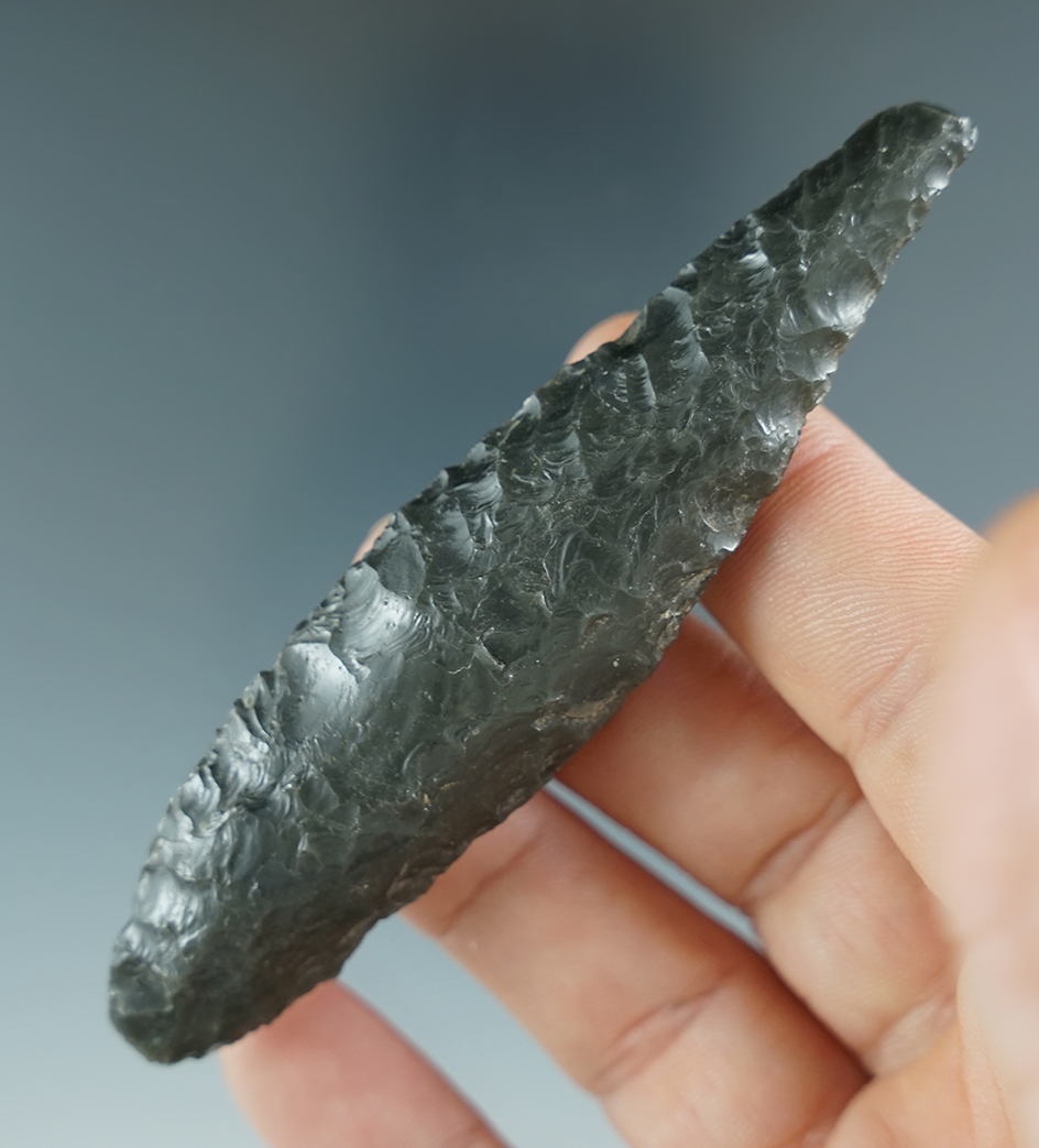 3 5/8" Paleo Haskett found in Oregon made from obsidian. Ex. Rattroy, Jim Hogue.
