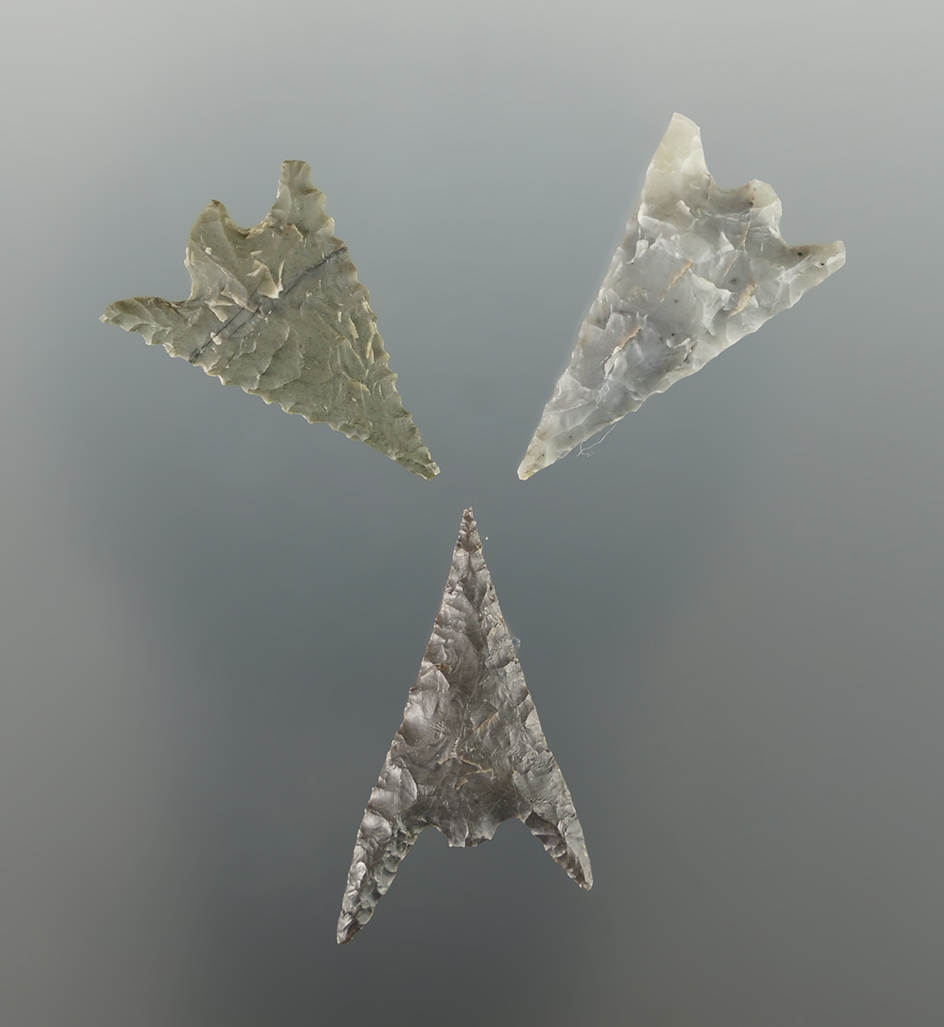 Ex. Museum!  Set of three Gunther points found in southern Oregon, largest is 1 1/4".