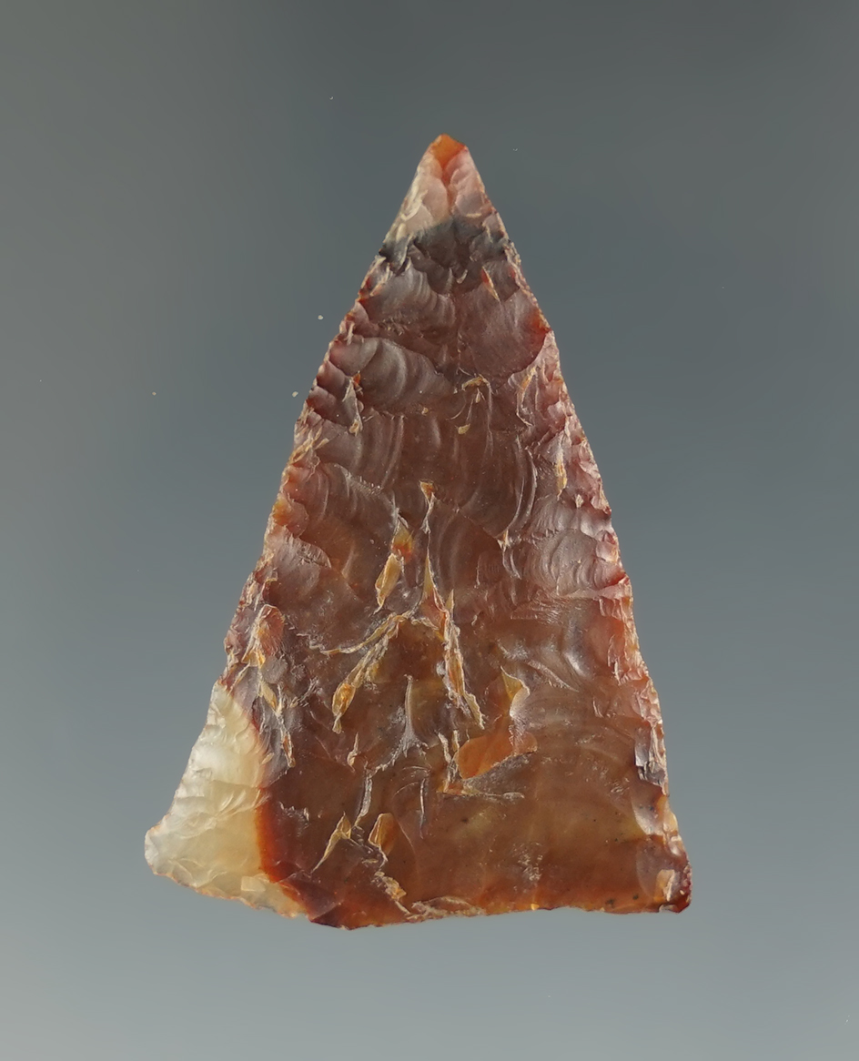 1 1/2" triangular point made from attractive agate found near the Columbia River.