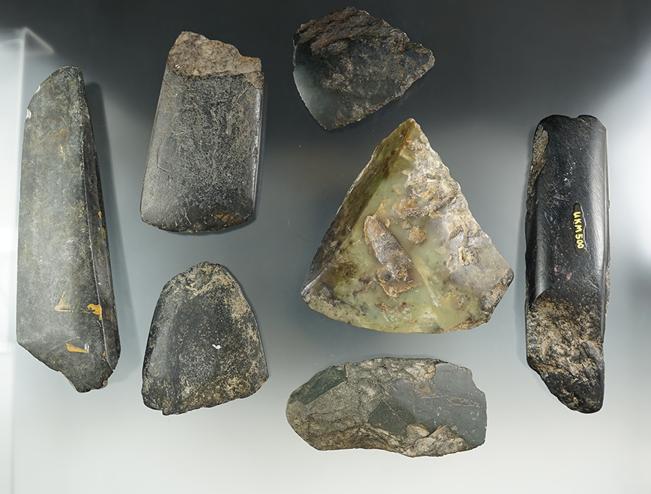 Group of nephrite Adzes found in the Pacific Northwest, all have some degree of damage