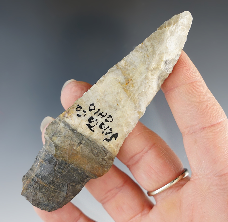 3 15/16" Adena Knife, Ohio, bi-colored Coshocton Flint.