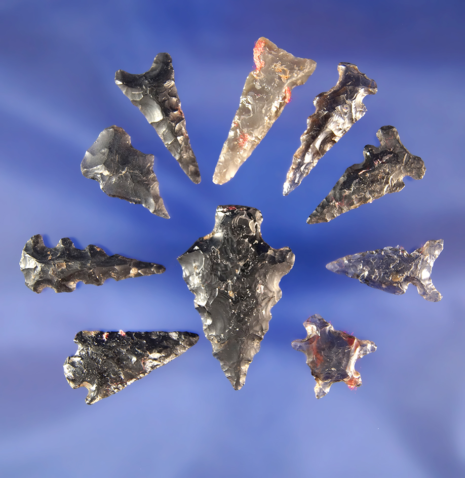 Nice set of 10 assorted Western U.S. arrowheads, largest is 1 5/16".