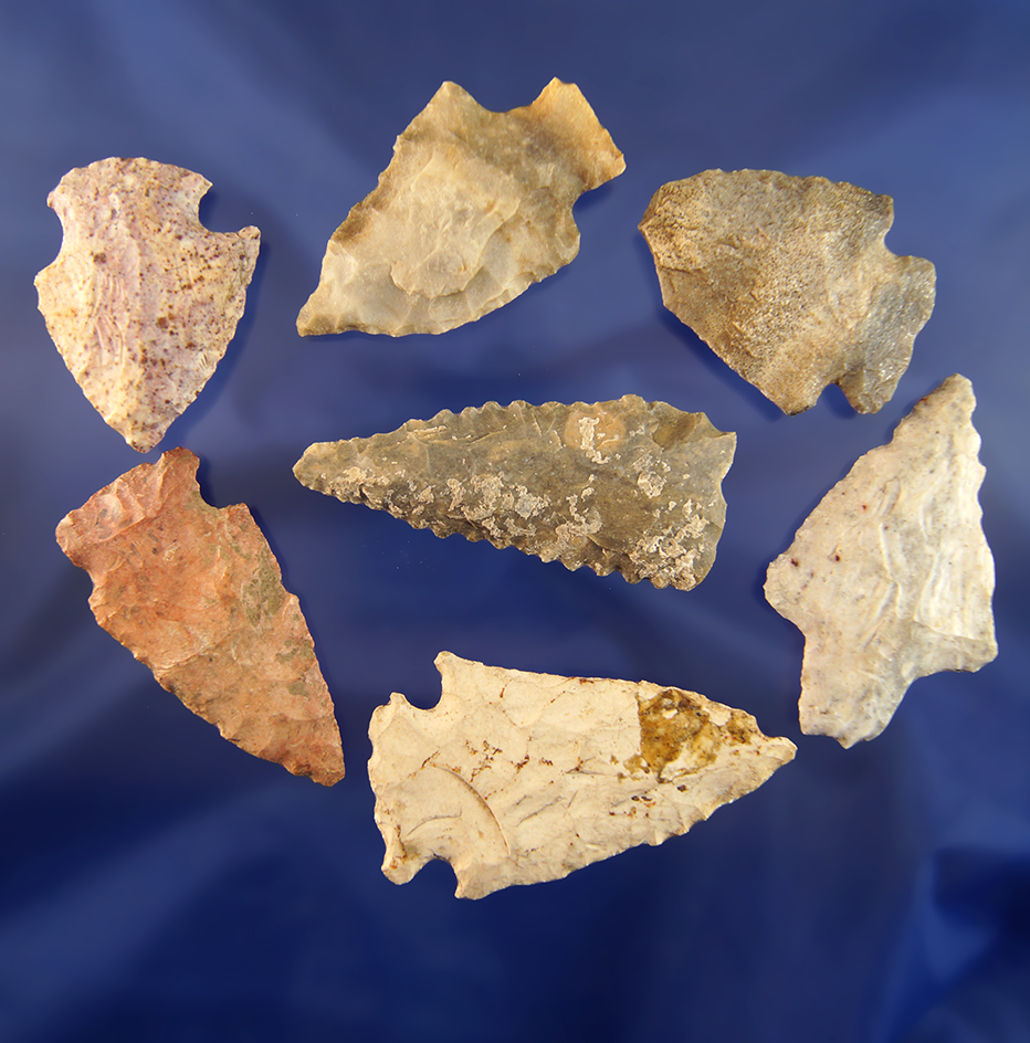 Group of Seven assorted arrowheads found in Missouri, largest is 2 1/4".