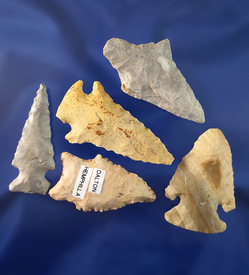 Set of five assorted Missouri arrowheads, largest is 2 3/8".
