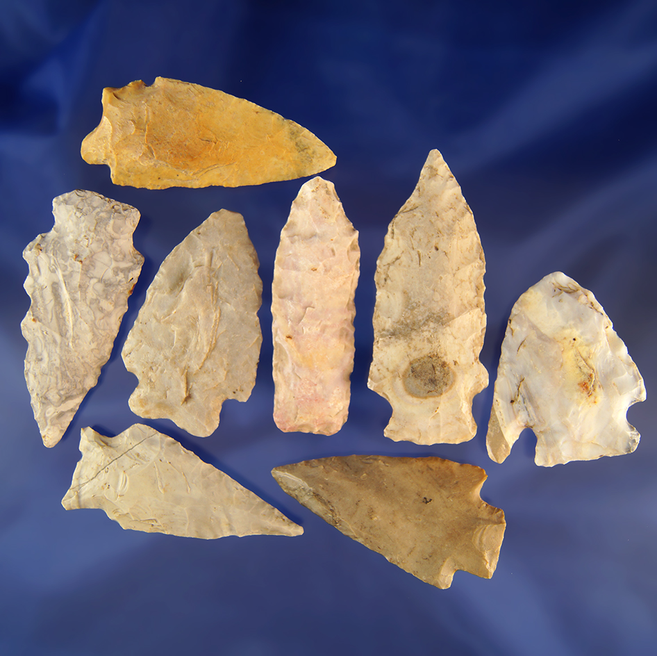 Set of eight assorted flint knives found in Missouri, largest is 2 3/4".