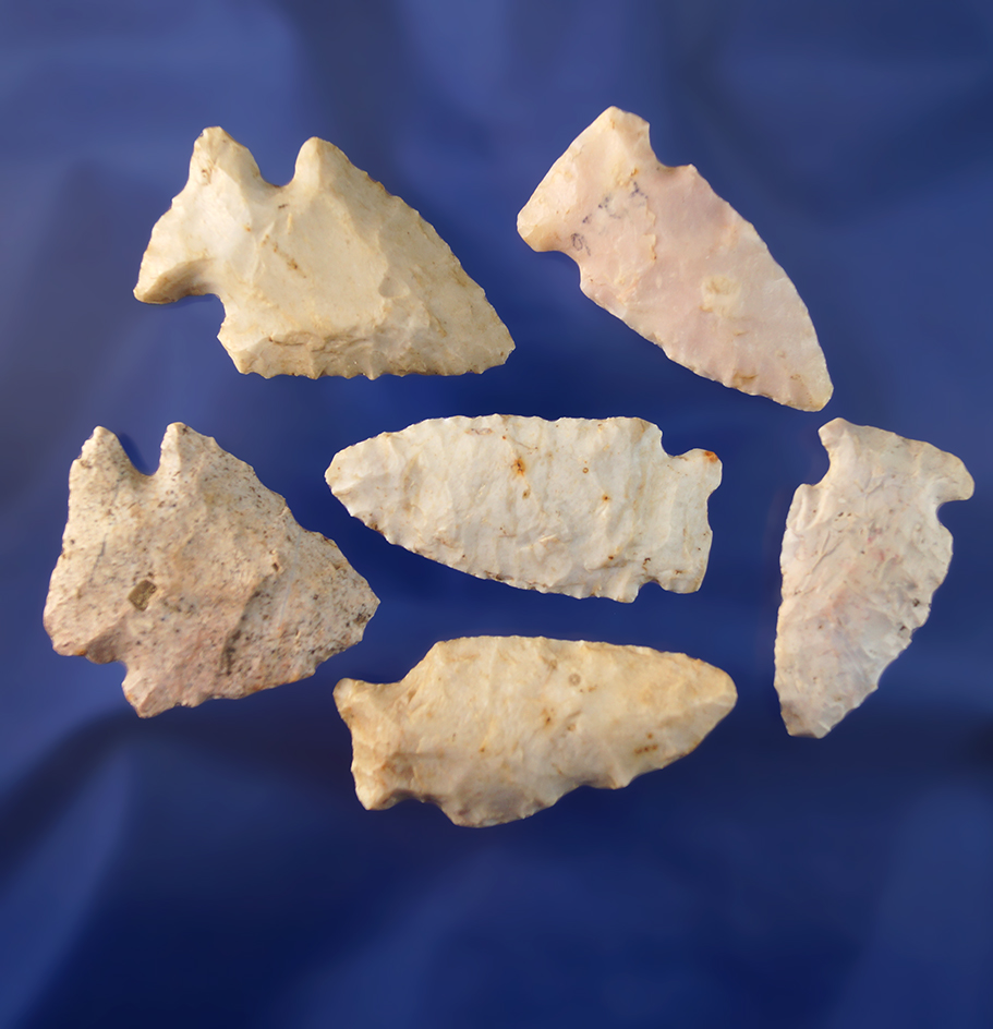 Set of six assorted arrowheads found in central Illinois, largest is 1 7/8".