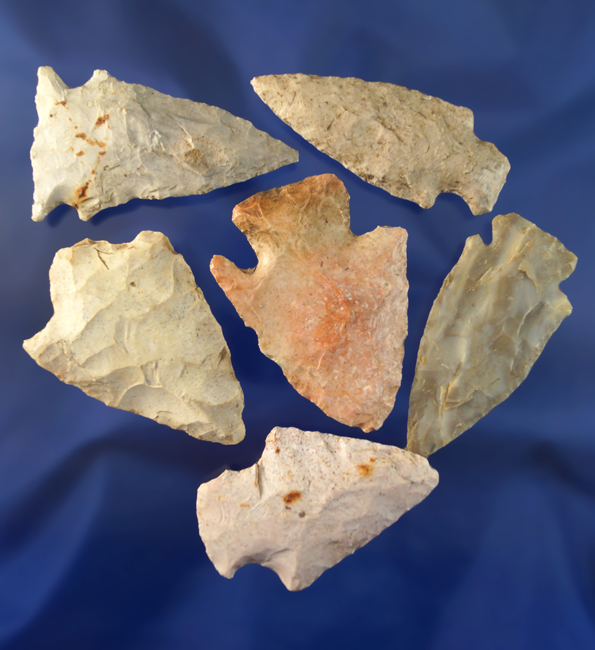 Set of six assorted Missouri arrowheads, one is broken and glued. Largest is 2 1/2".