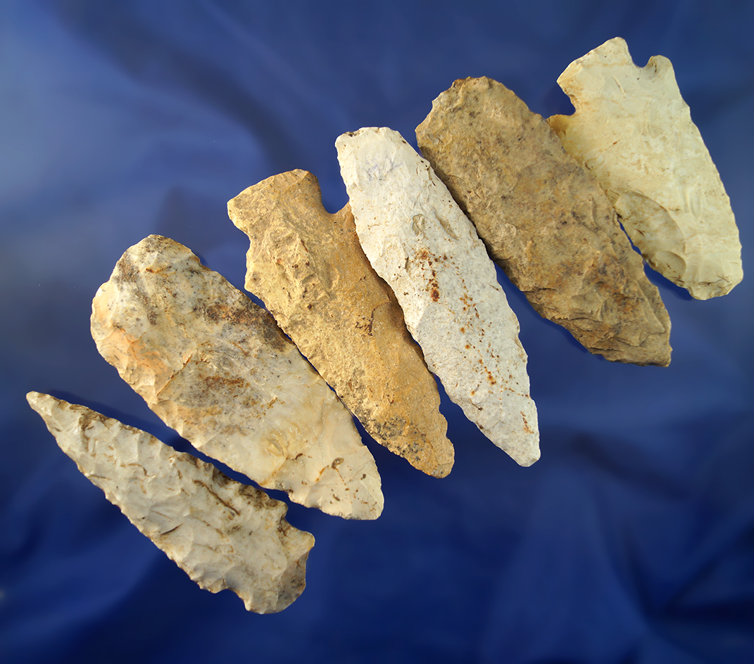 Set of six assorted flaked knives and lances, largest is 3 7/8".