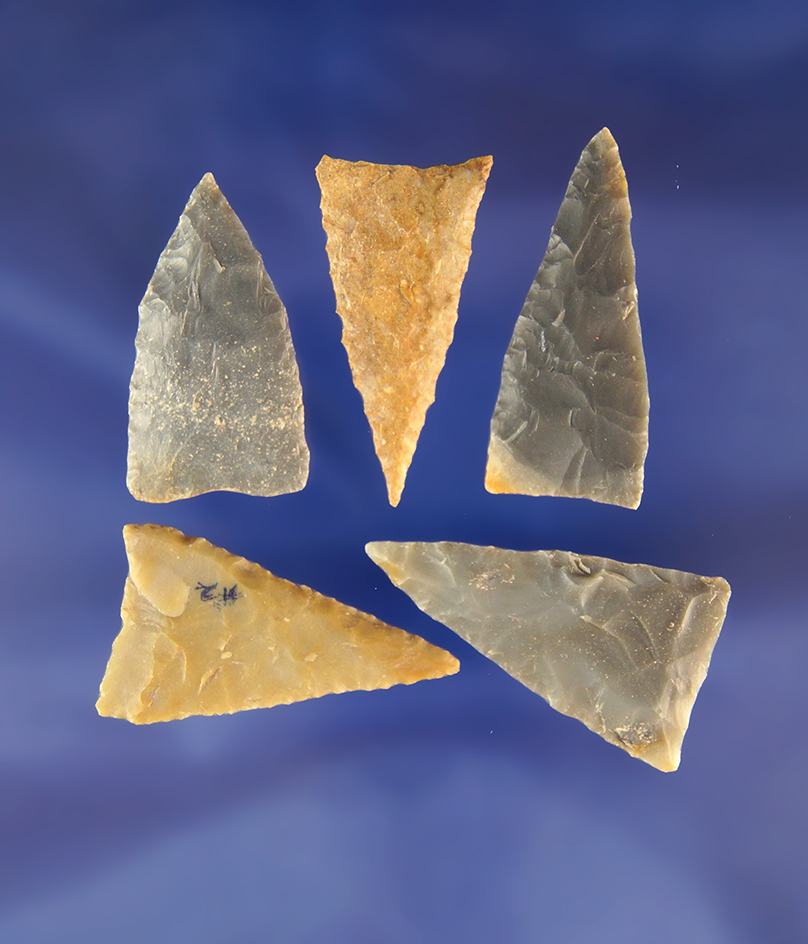 Set of five will made and nicely flaked Triangle points found in Kentucky, largest is 1 3/8".