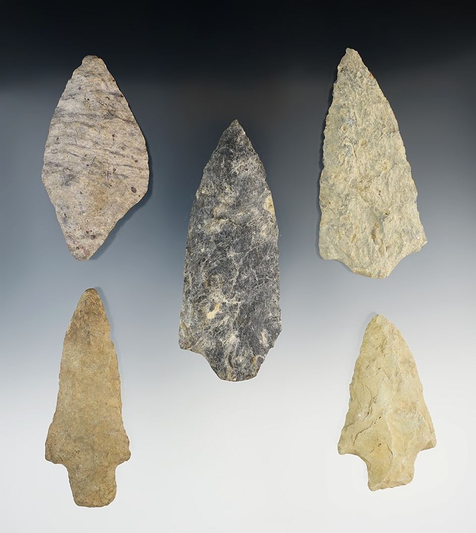 Set of 5 well made points found in the Eastern U.S. The largest is 4".