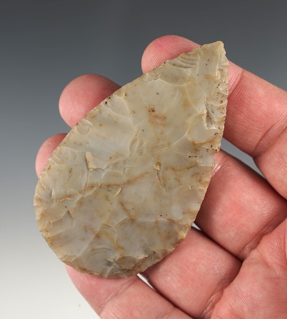 Finely made 3 3/16" Adena Cache Blade made from Flint Ridge flint. Found in Scioto Co., Ohio.