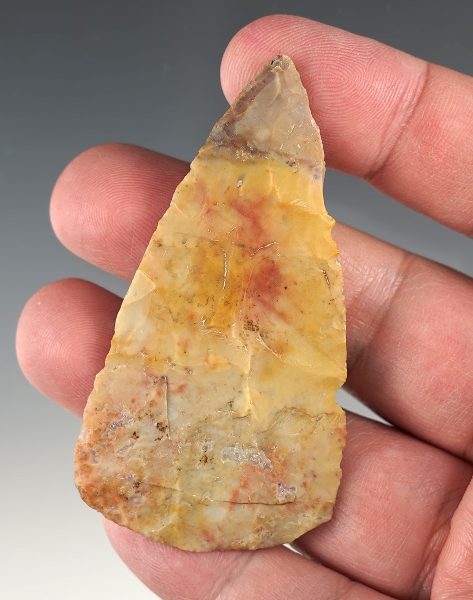 Amazing color on this 2 7/8" Hopewell Blade found in Licking Co., Ohio. Flint Ridge flint.