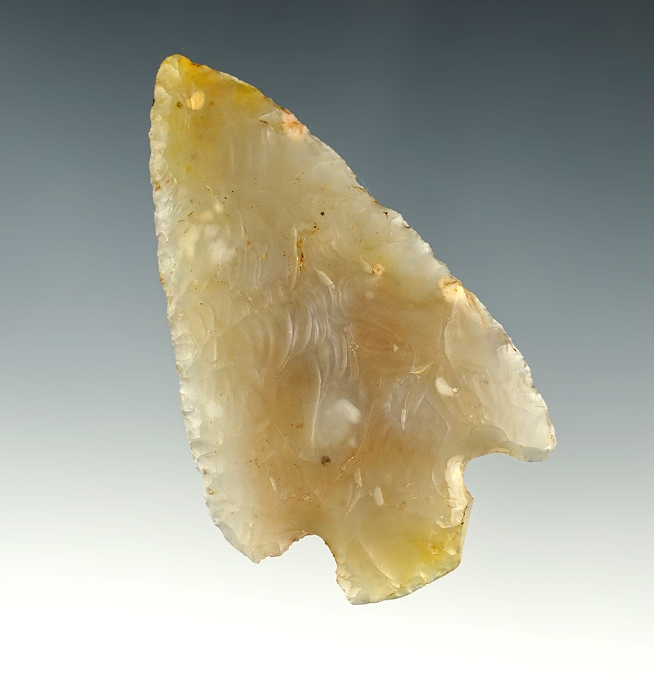 Highly translucent 2 7/8" Hopewell made from Flint Ridge Chalcedony. Found in Ross Co., Ohio.