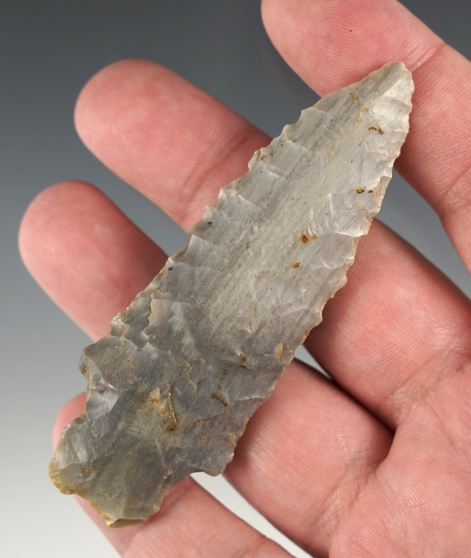 3 3/8" Heavy Duty point found in Kentucky. Made from nicely colored flint.