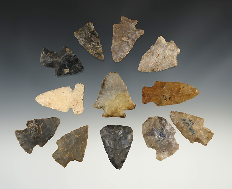 Twelve Arrow Points, largest is 2". Most found in Southern Ohio.