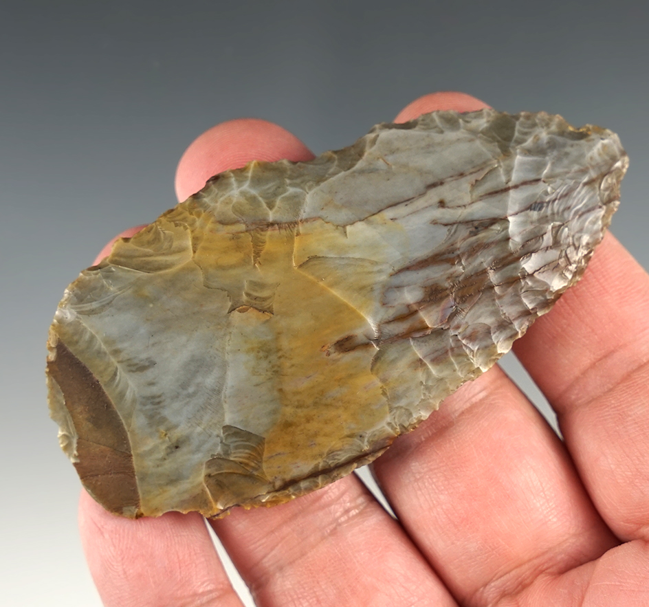 3 3/8" Paleo Uniface Blade made of exotic purple, blue, and gold Jewel Flint Ridge.  Ohio.