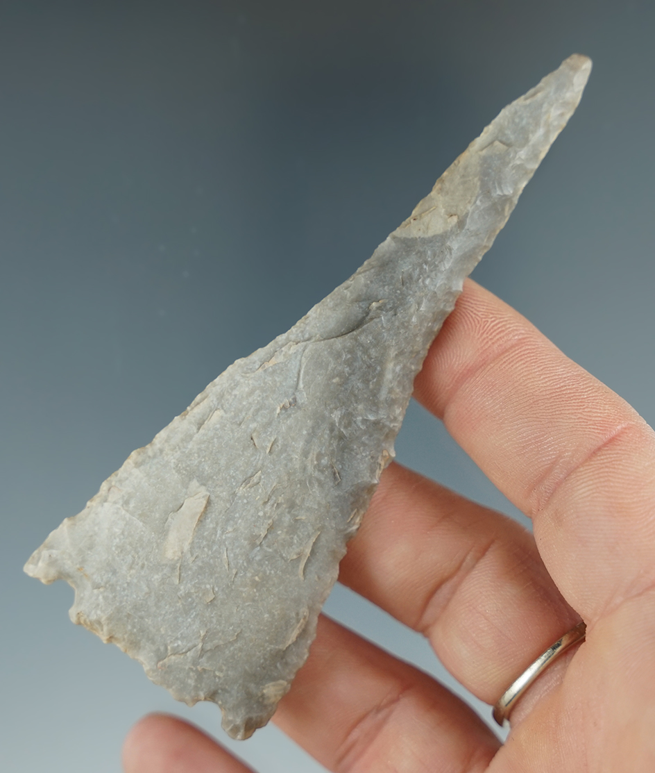 3 3/4" Extremely rare Micro Basal Notch Drill. Made from two-tone Flint Ridge Chalcedony. Ohio.