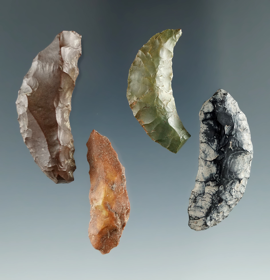 Set of four small Paleo Crescents, longest is 1 1/2", found in the Alvord Desert, Oregon.