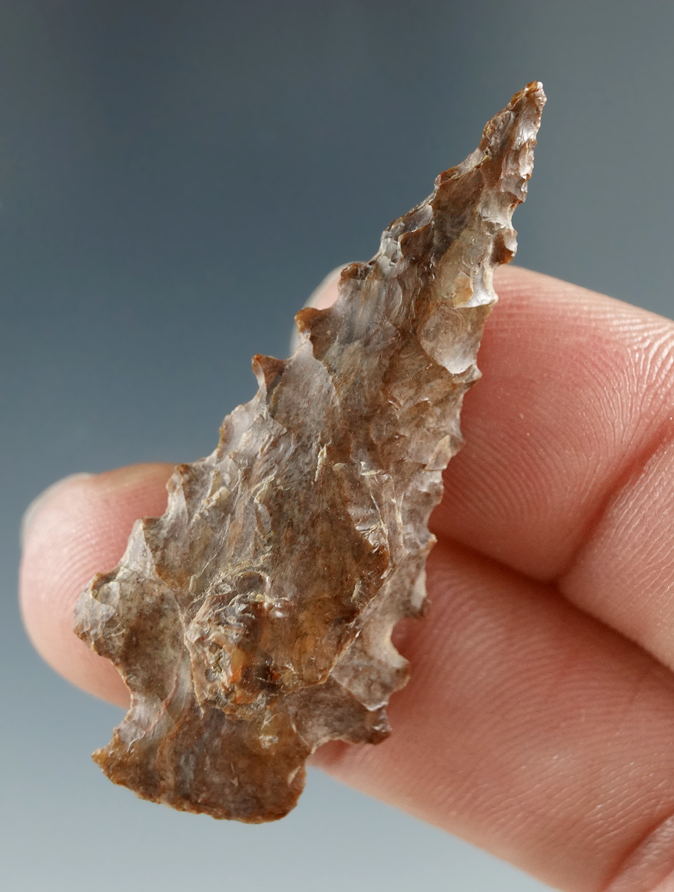1 3/4" Stemmed Serrated Point made from Brown Jasper. Found near the Columbia River.