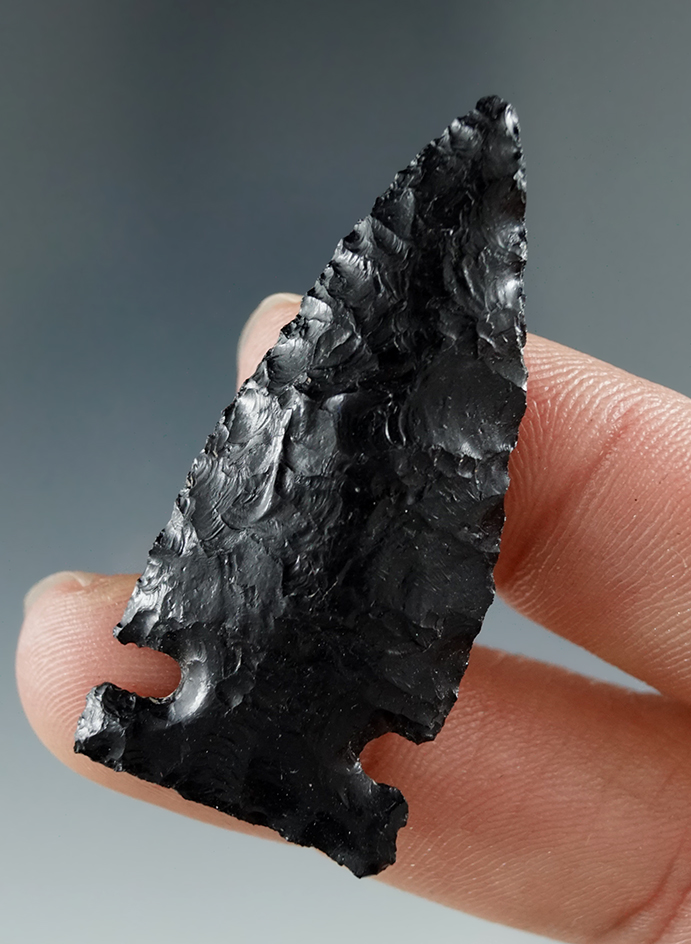 1 3/4" Sidenotch, nice symmetry, made from Obsidian. Found in the Great Basin, Oregon.