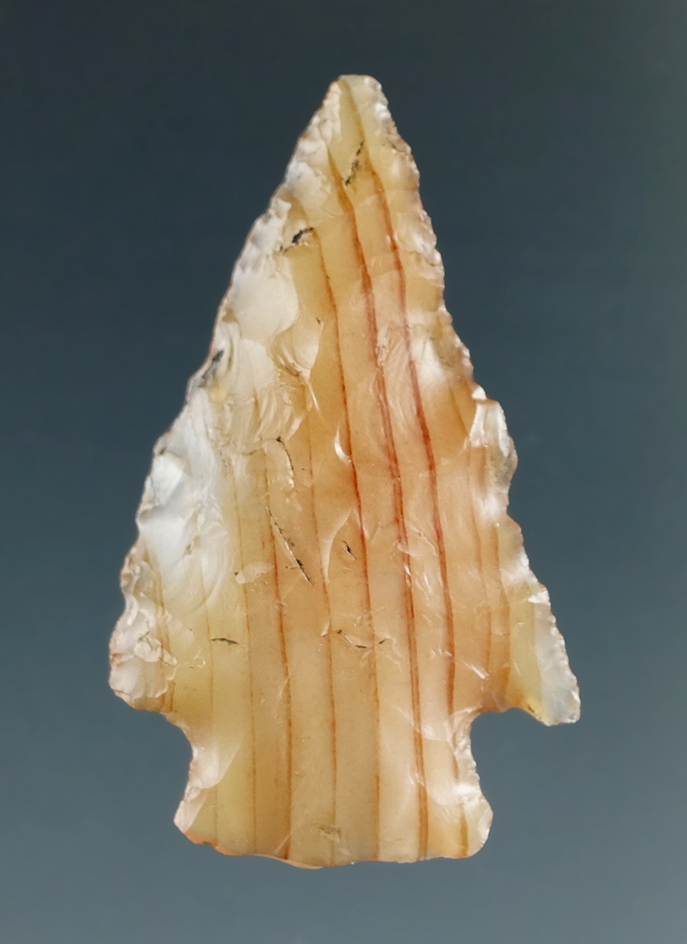 1 1/4" Corner Notch Point made from Banded Caramel Agate, found near the Columbia River.
