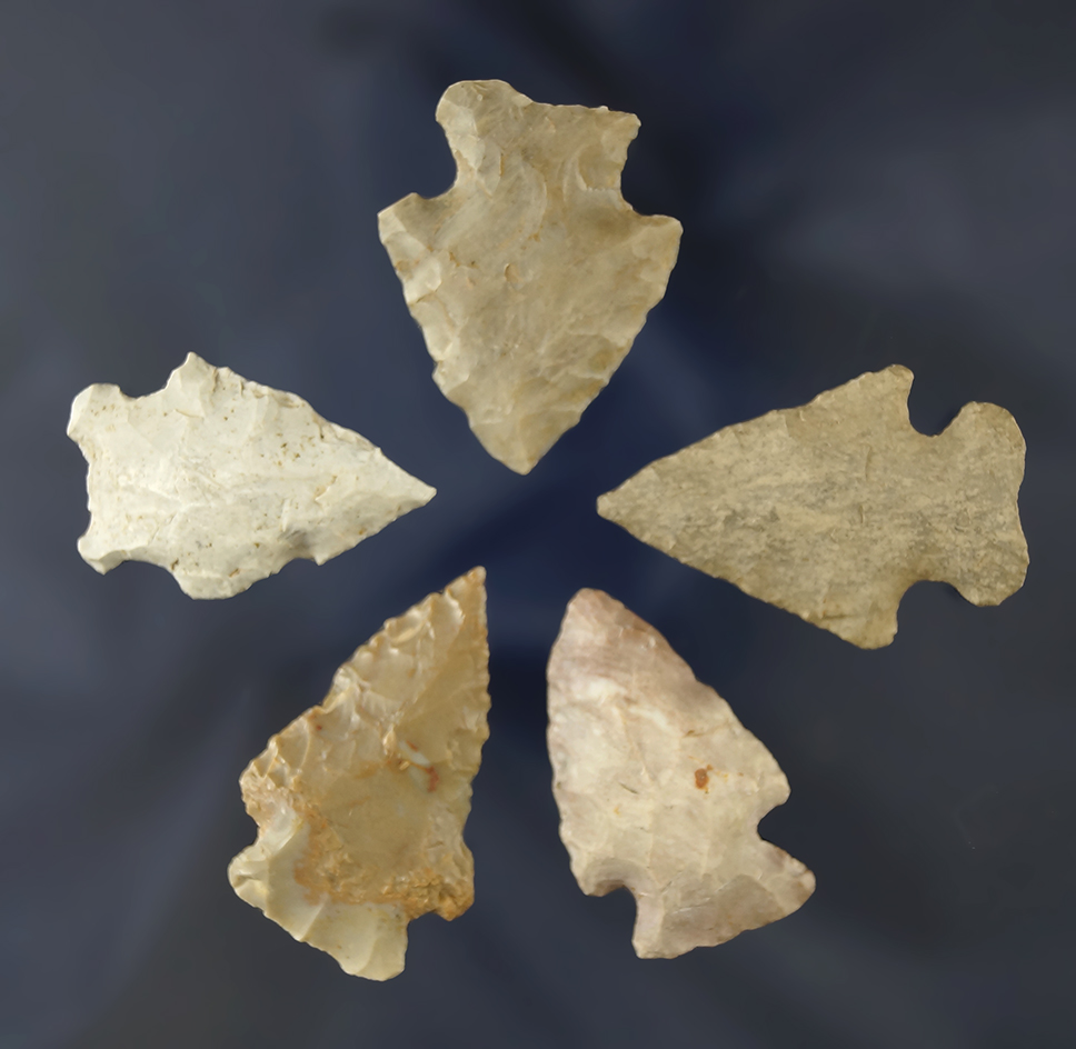 Set of 5 Arrowheads, largest is 1 1/2", all were found in Morrow Co., Ohio. Ex. Ron Sauer Collection