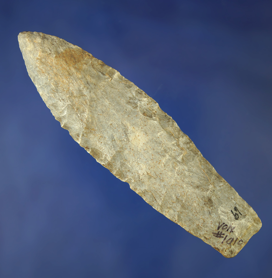 4 1/4" Rice Lanceolate found in the Illinois or Missouri area. Ex. Von Hilliard Collection. Dickey C