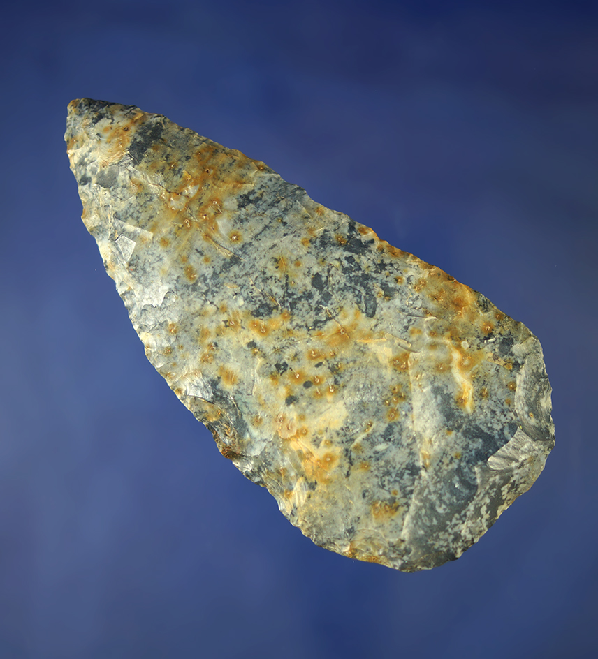 Heavily patinated 3 7/8" Colorful Blue, Gold and White Coshocton Flint Blade  - Ross Co., Ohio