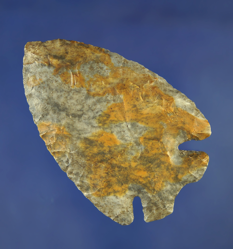 Beautiful patina coloring on this 2 13/16" Archaic Thebes found in Knox Co.,  Ohio. Ex. Turner