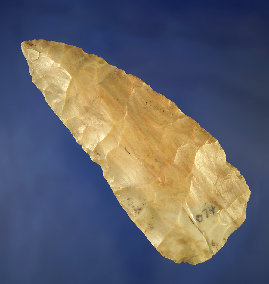 4 1/2" Archaic Knife found in Kentucky and made from Carter Cave Chert.  Dickey COA.