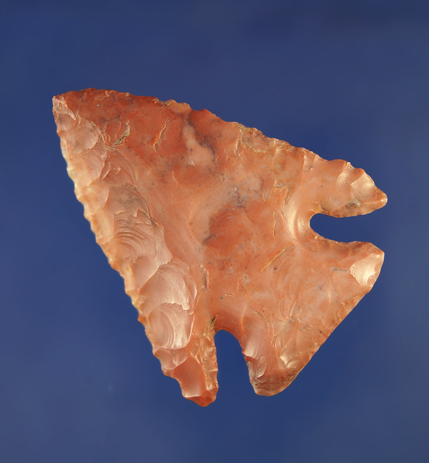 2 5/16" beautifully colored red Flint Ridge Flint Diagonal Cornernotch point - Franklin Co.,  Ohio.