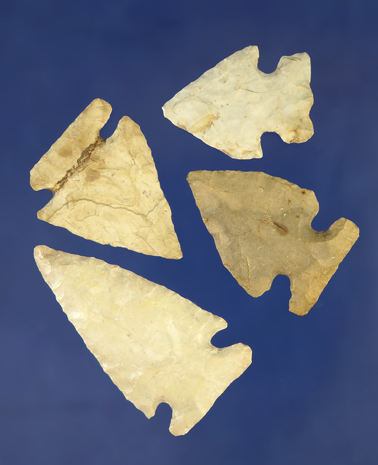 Set of four nice Ohio arrowheads including Intrusive Mound points. Largest is 1 11/16".