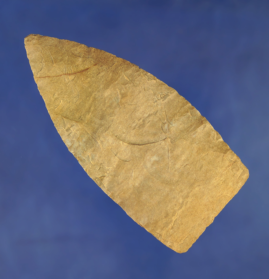 3 5/16" very thin and well flaked Delaware chert Paleo Lance or knife found in Washington Co.,  OH.