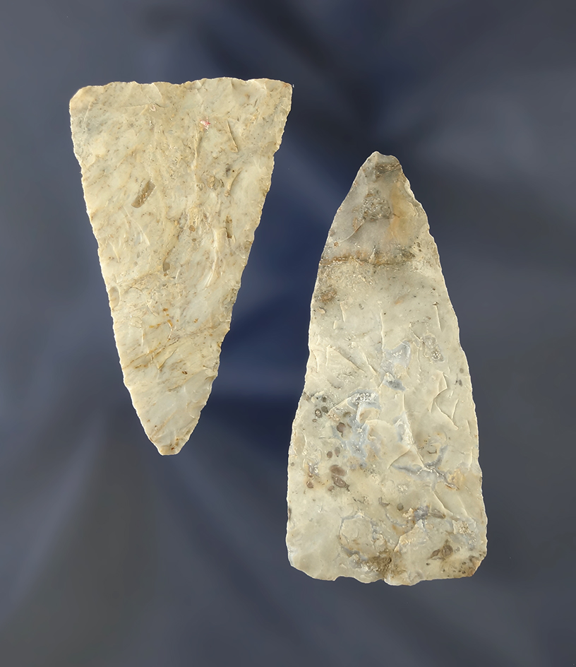 Pair of Triangular Knives made from Flint Ridge Flint, found in Ohio. Largest is 2 9/16".