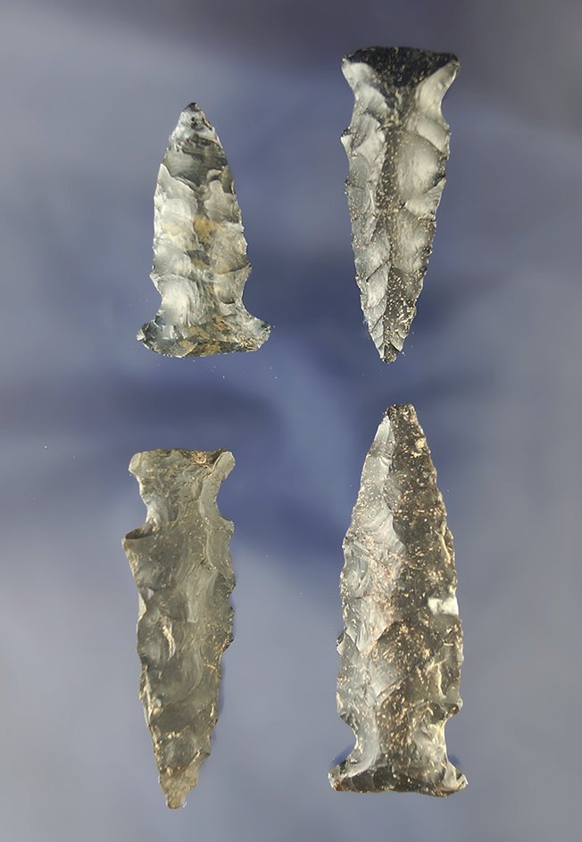 Set of four Ohio Fishspear points made from Coshocton Flint, largest is 2 1/8".