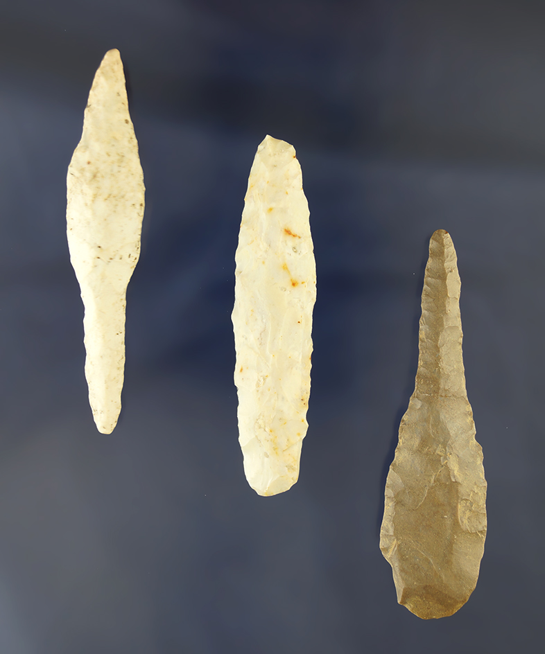 Set of three Flint Drills found in Lorain Co.,  Ohio. Largest is 3". Ex. Les Gerkin collection.