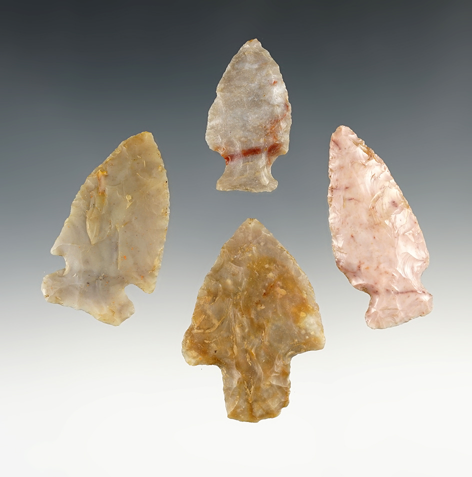 Set of 4 nice Flint Ridge points found in Ohio. The largest is 2 1/8".