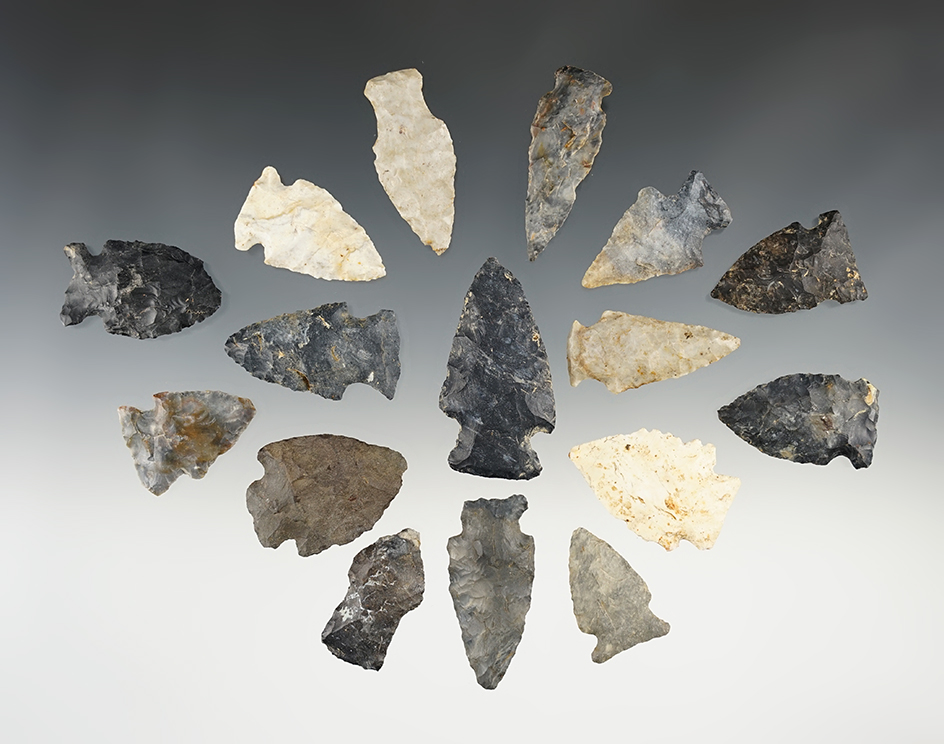 Set of 16 assorted points found in Ohio. A great variety of types. The largest is 2 3/16".