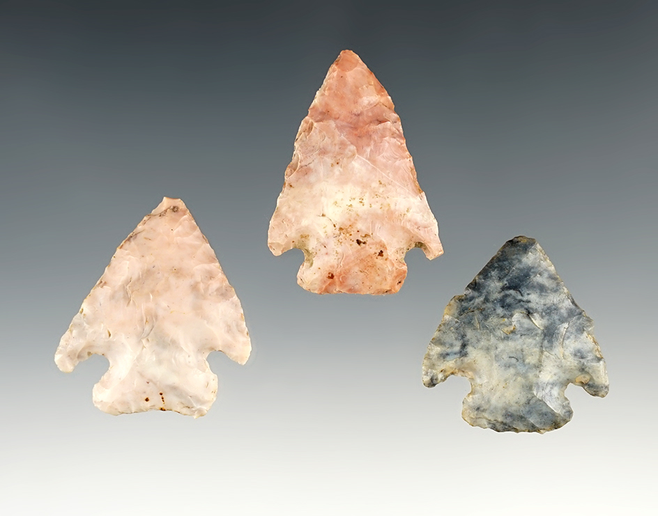 Set of 3 Ohio Pentagonals made from colorful Flint Ridge flint. The largest is 1 5/8".