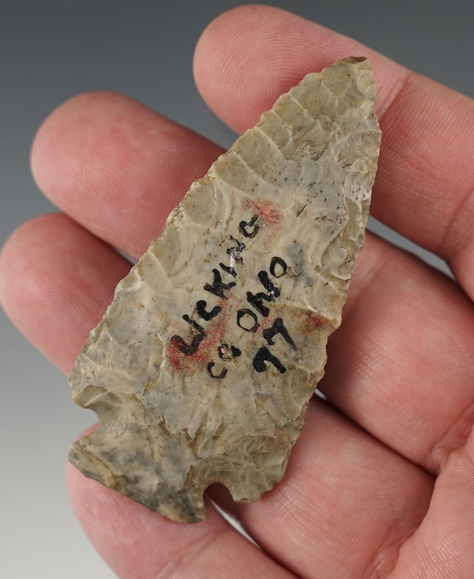 2 11/16" Archaic Cornernotch found in Licking Co., Ohio. Made from nicely patinated flint.