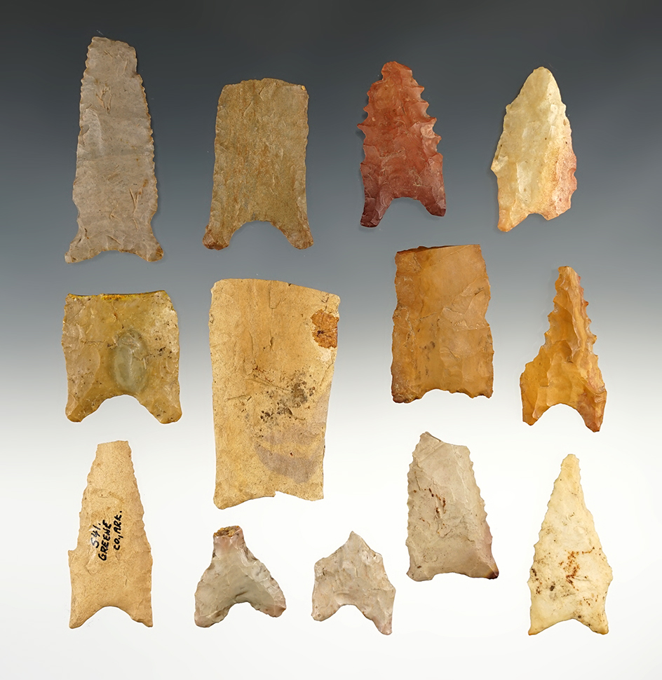 Set of 13 Dalton points. Most have some damage.  The largest is 2 3/8".