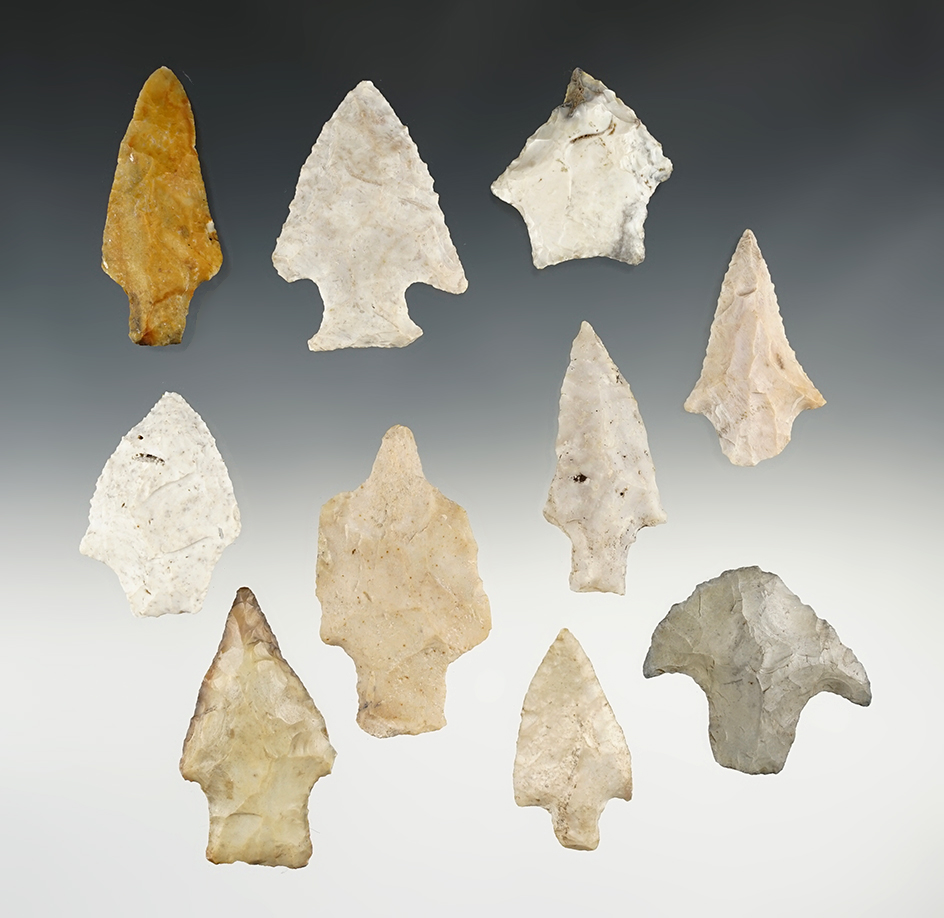 Set of 10 nice points found in various locations. The largest is 2 1/2".