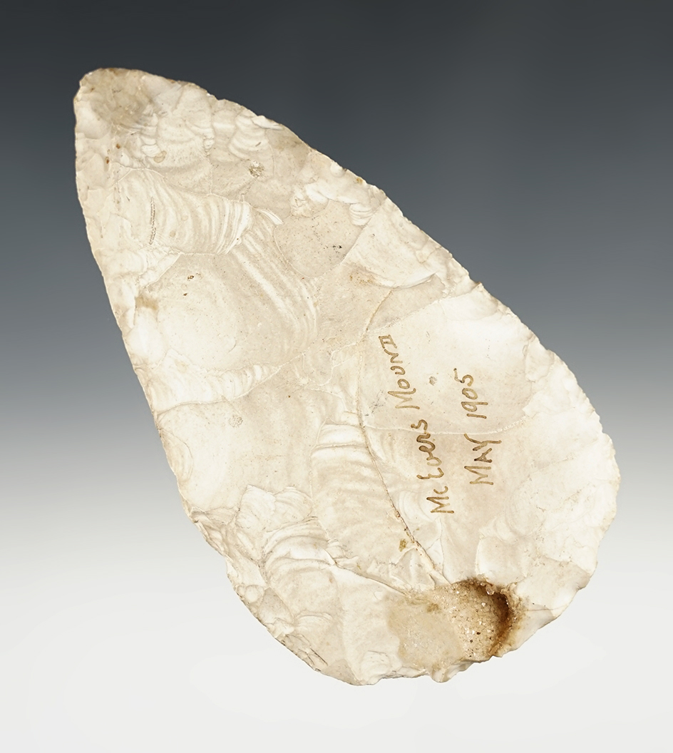 4 3/4" Midwest Blade. Heavy patina. Written on surface in old ink "McEvers Mound May 1905".