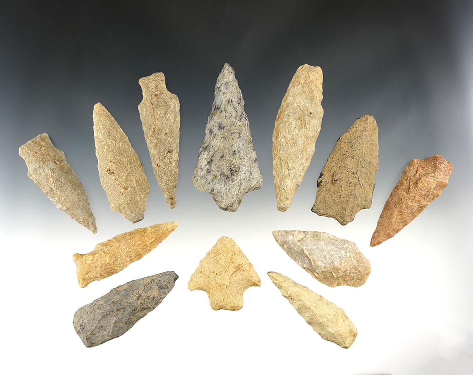 Set of 12 nice points found in the Eastern U.S. The largest is 3 3/8".